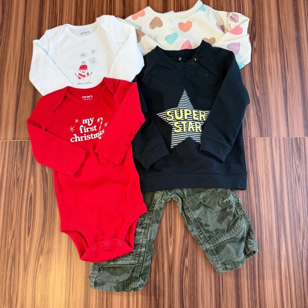 Lot of 4 pc Baby 12M Bundle Winter Christmas Bodysuits Sweatshirts Camo‎ Pants
